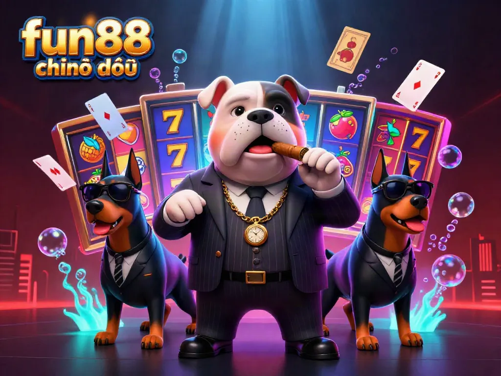Experience the fun88 chính thức with mafia boss and Doberman guards amidst a vibrant casino scene.