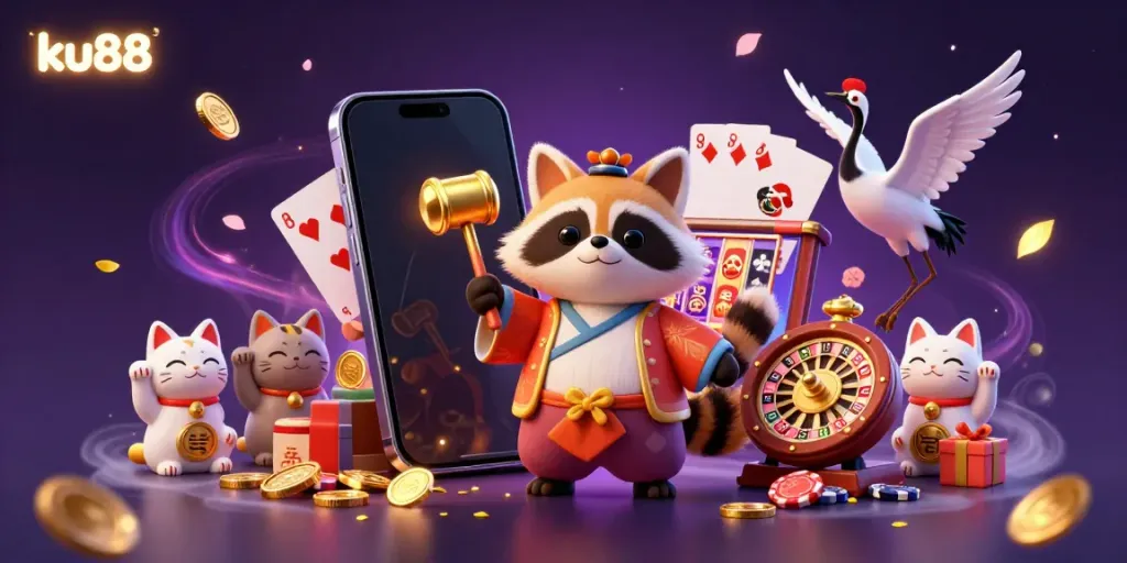 Experience winning excitement with ku88 through vibrant 3D cartoon illustrated casino scene.