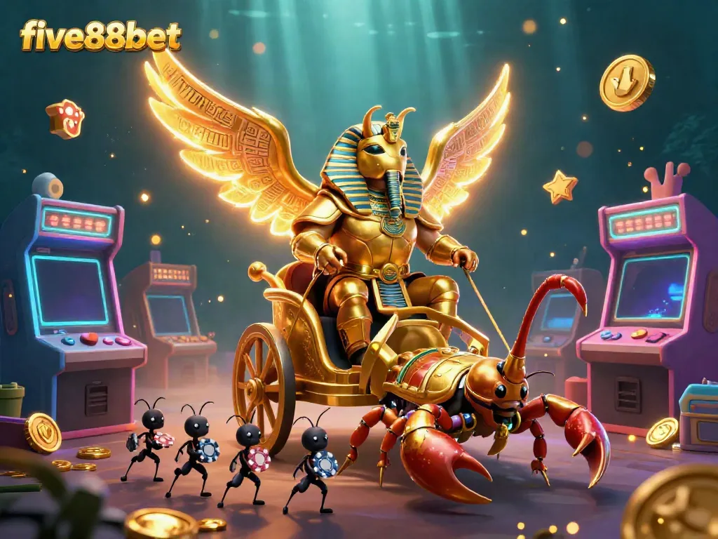 Experience the vibrant world of five88bet with a golden beetle, scorpions, and poker chips in a lively casino scene.