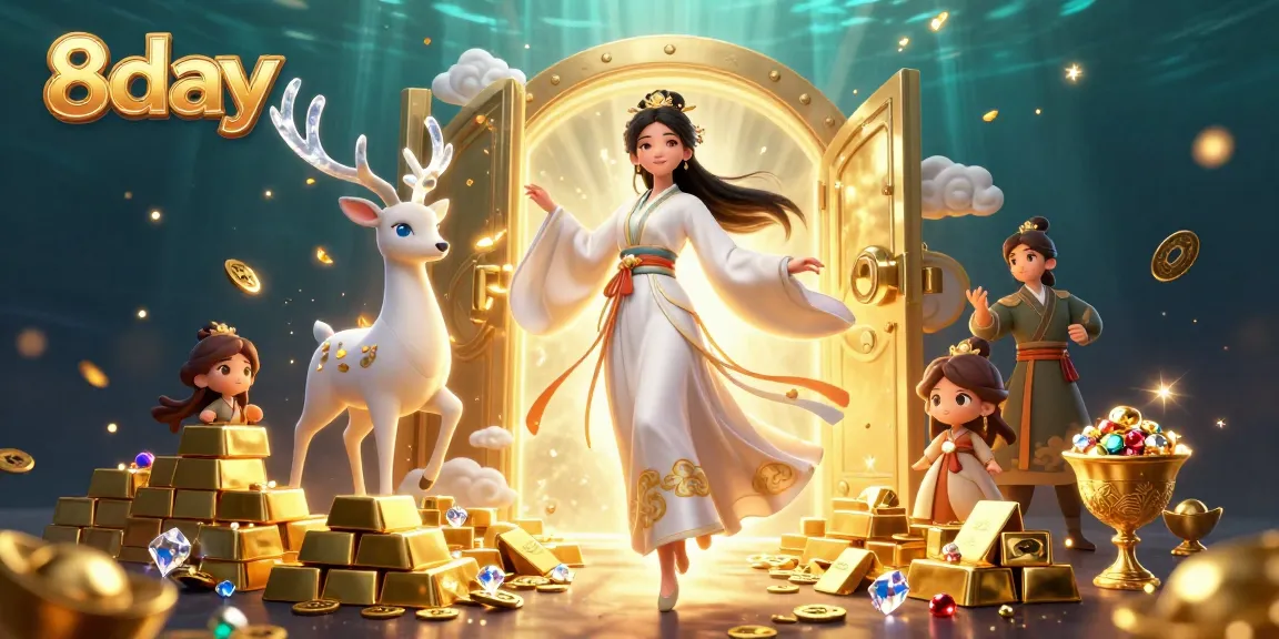 Engage with thrilling 8day casino adventures featuring a captivating Asian woman surrounded by golden treasures.