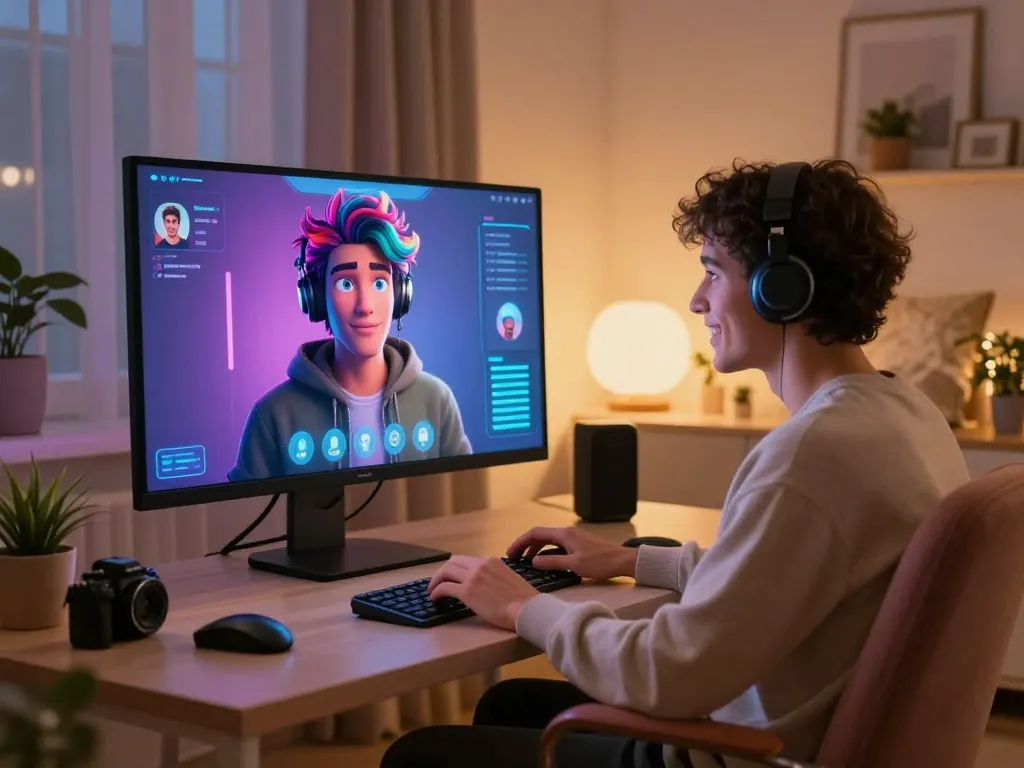AI porn chat session with virtual character engaging warmly in a cozy digital space