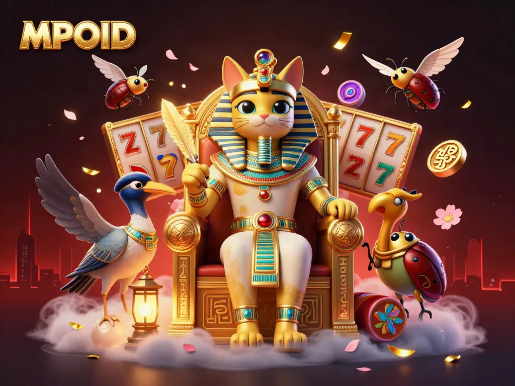 MPOID showcases an elaborate casino scene featuring a pharaoh cat, scribe, and casino elements for an immersive gaming experience.