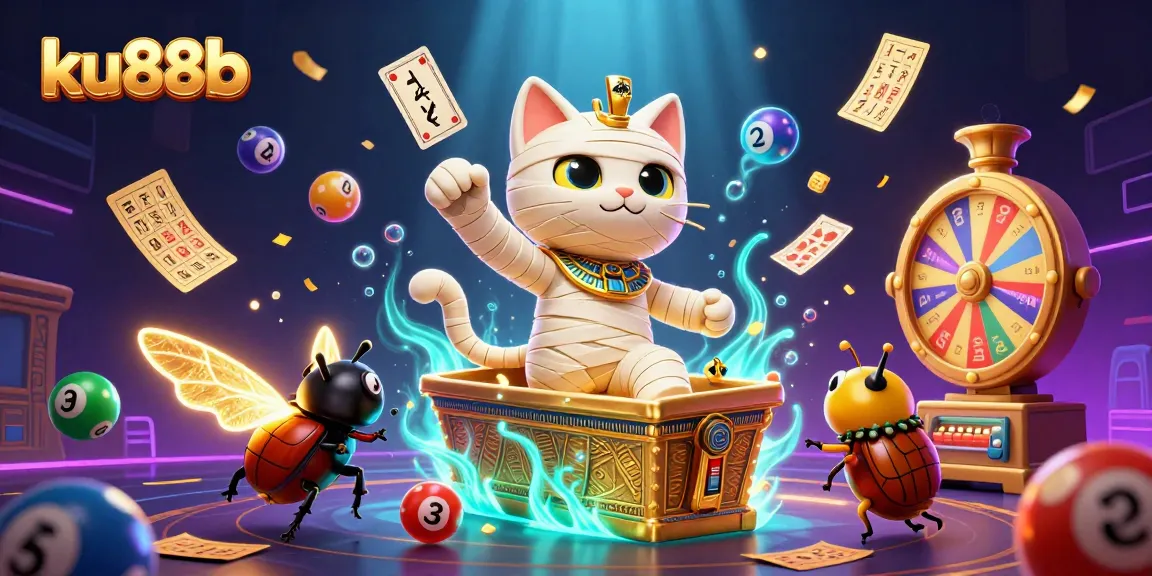 Engage in the vibrant world of ku88b as a mummy cat bursts from its sarcophagus, surrounded by dynamic casino elements.