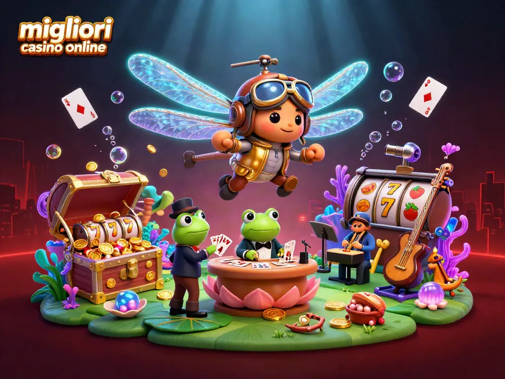 Gioca ai migliori casino online con un croupier rana e un pilota di drago in un'illustrazione vivida.