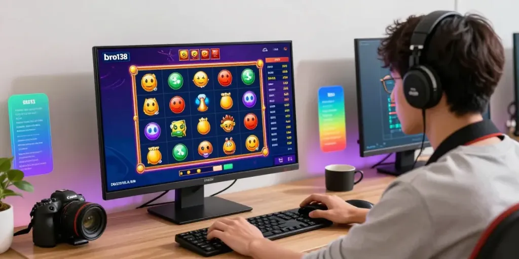 Player enjoying an interactive slot game experience on bro138 platform surrounded by vibrant graphics.