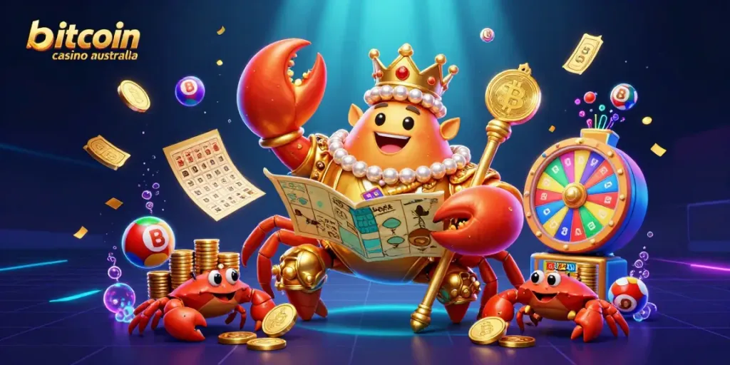 Engaging 3D scene depicting a golden crab emperor in a bitcoin casino Australia setting with vibrant game elements.