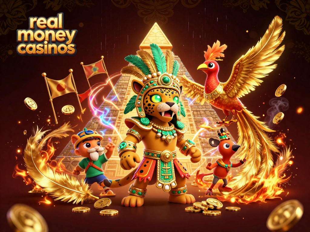 Engage with real money casinos through a vibrant Mayan-themed 3D illustration packed with dynamic casino elements.