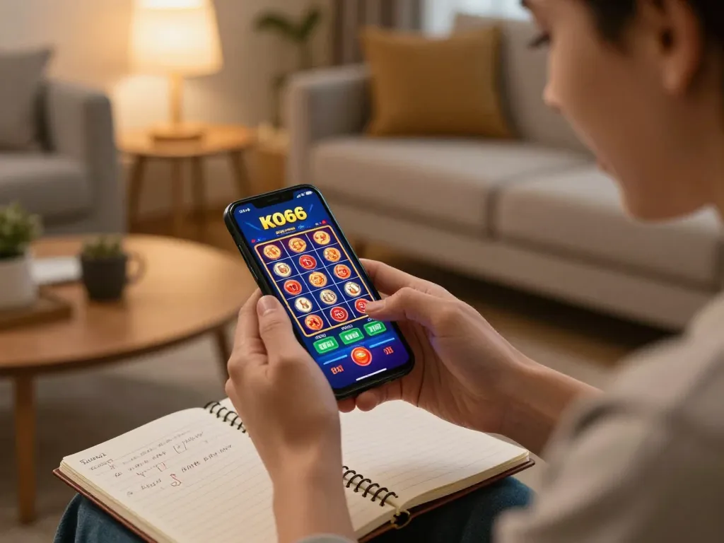 Tham gia trò chơi di động hấp dẫn trên ứng dụng casino KO66, tay cầm smartphone với giao diện slot