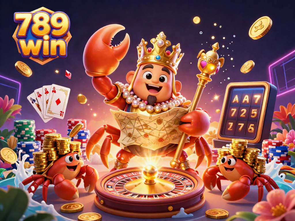 Experience the thrill of 789 win with vibrant casino elements in a dynamic 3D scene featuring a golden crab emperor.