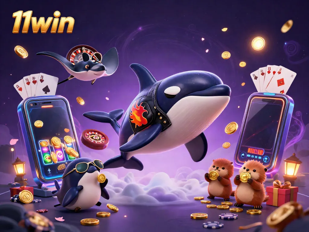 Experience the thrill of 11win with vibrant casino game elements and animated characters.