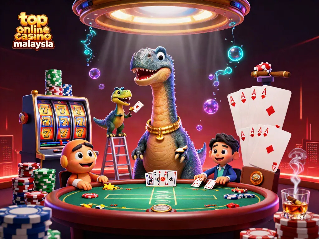 Engage with top online casino malaysia action featuring a playful brontosaurus dealer and vibrant gaming elements.