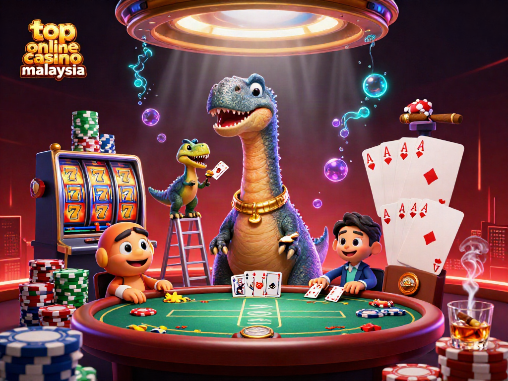 Engage with top online casino malaysia action featuring a playful brontosaurus dealer and vibrant gaming elements.