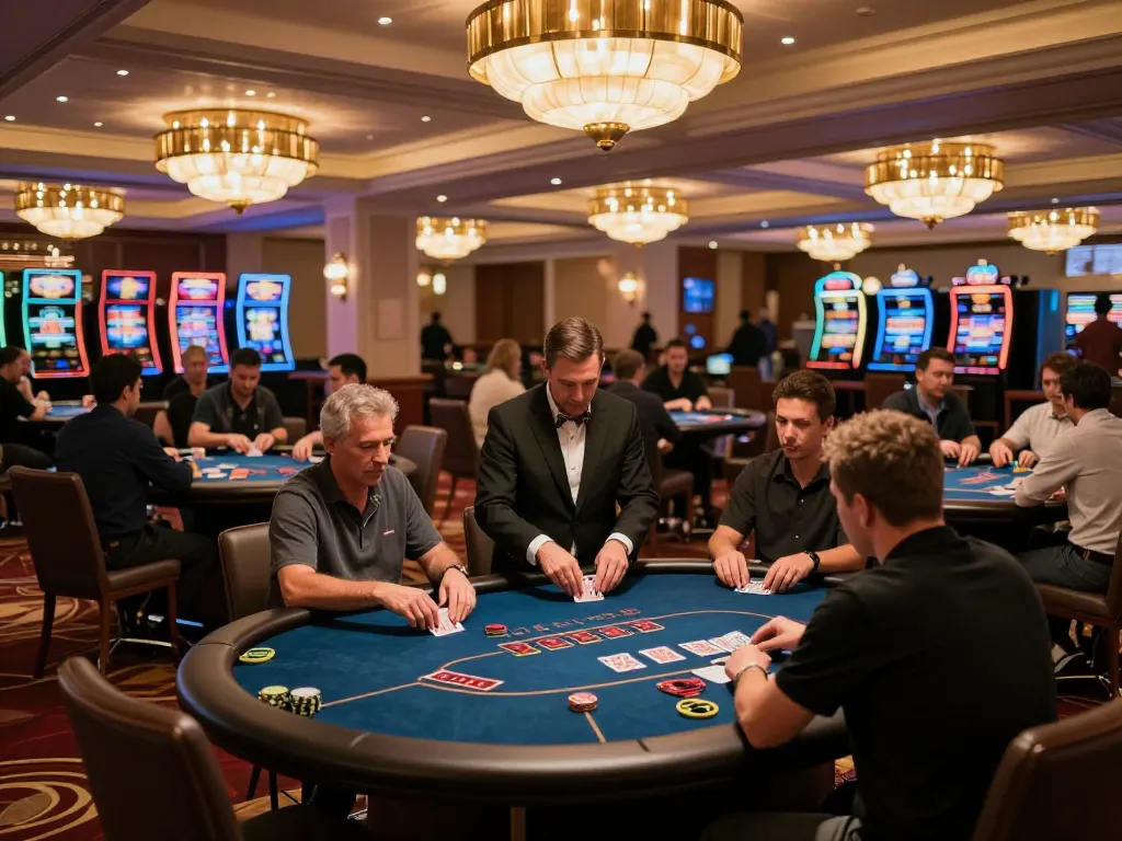 Players strategizing at MM88 poker tables in a lively casino ambiance