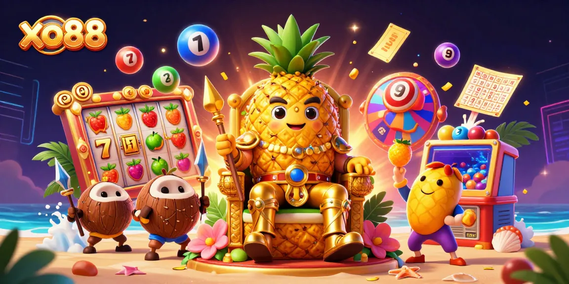 Experience excitement at xo88 with vibrant slot games and dynamic lottery elements in this colorful 3D scene.