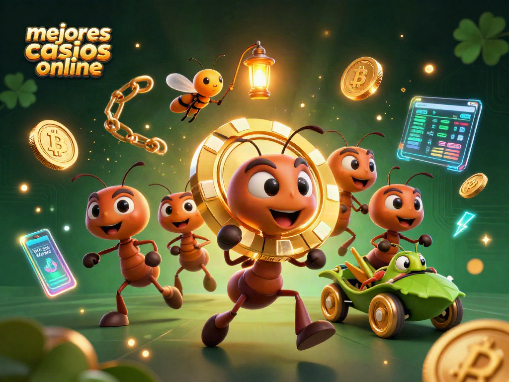 Descubre los mejores casinos online mientras un equipo de hormigas realiza un atraco con fichas de póquer doradas.