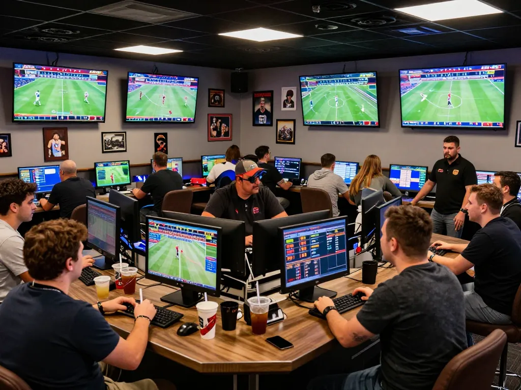 Excited bettors analyzing odds in a keobongda sports betting lounge with vibrant atmosphere