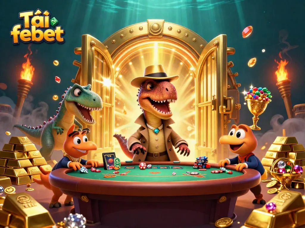 Engaging scene depicting the Tải febet experience with a velociraptor at a blackjack table and vibrant casino elements.