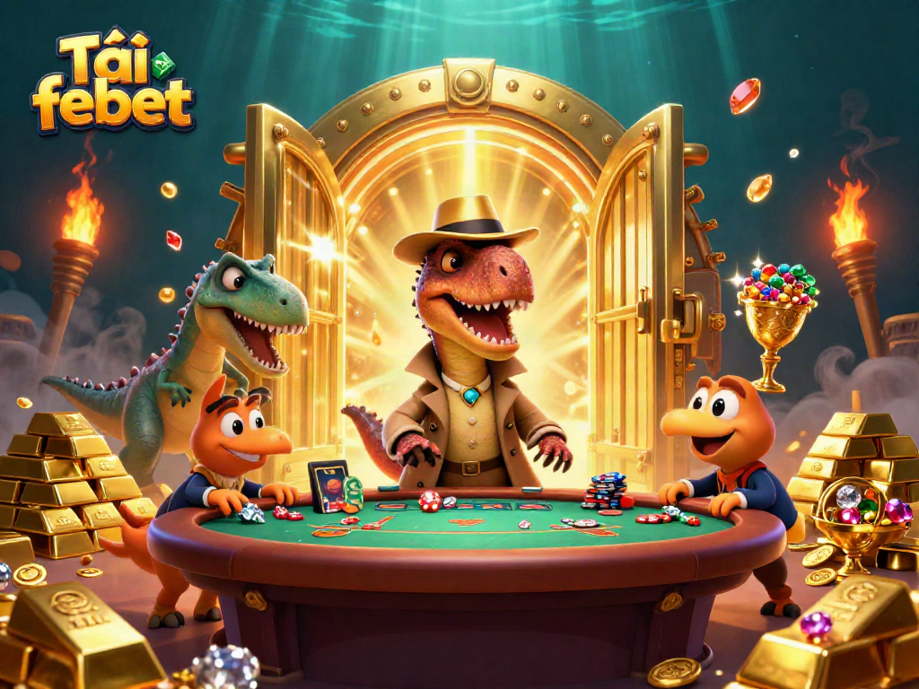 Engaging scene depicting the Tải febet experience with a velociraptor at a blackjack table and vibrant casino elements.