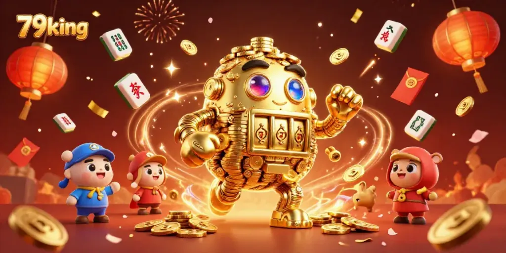 Experience the vibrant celebration in 79king with a dynamic golden golem surrounded by festive elements.