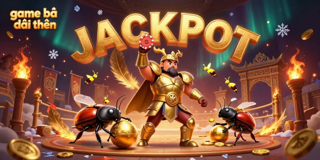 Experience the excitement of game bài đổi thưởng with a vibrant 3D scene featuring heroic characters, dynamic casino elements, and a jackpot celebration.