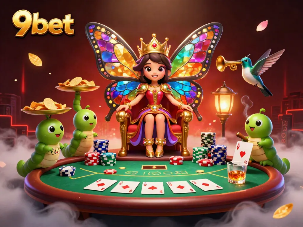 Experience thrilling gameplay at 9bet with a vibrant 3D butterfly queen surrounded by casino elements.