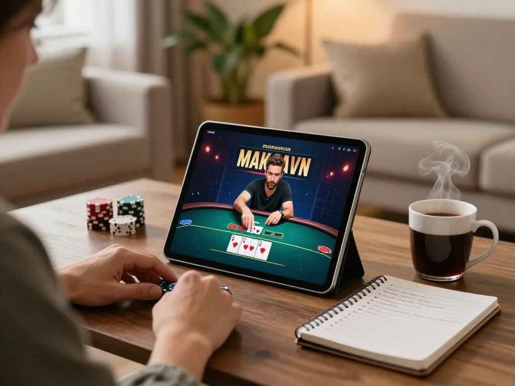 Engaging in online poker gaming on abc8go with a cozy atmosphere and strategic notes.