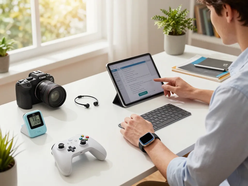 Must have tech gadgets display in a bright workspace featuring Bluetooth controller, smartwatch, and digital thermometer.