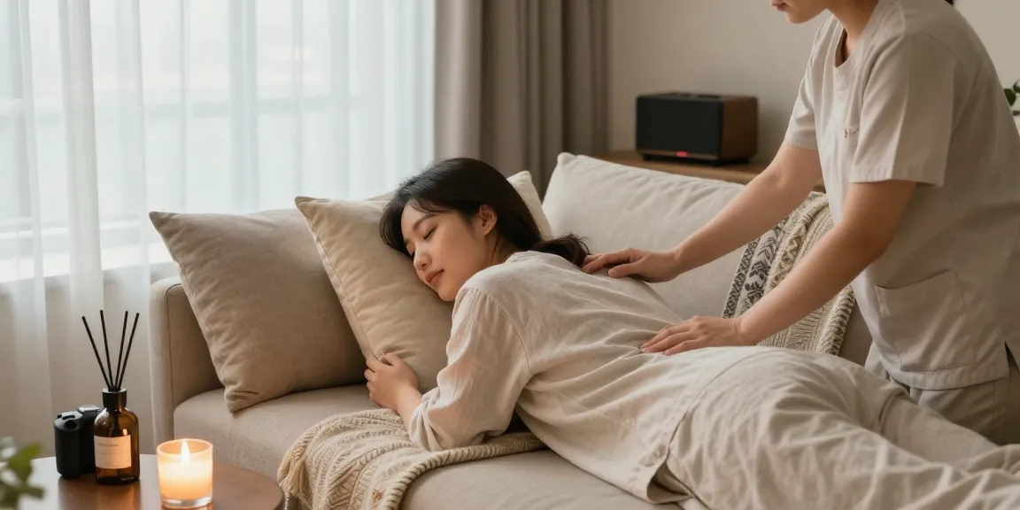 Young woman experiencing 동작출장마사지 in a calming home environment.
