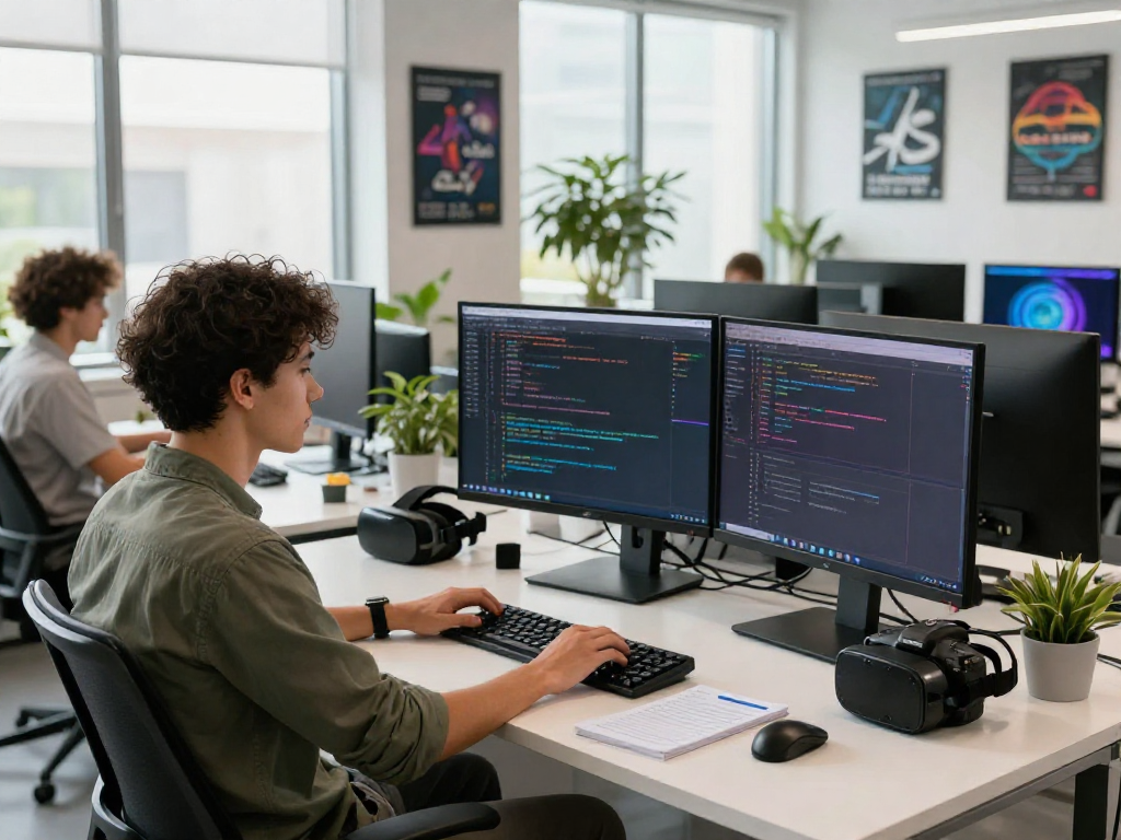 Desarrollador de software en un espacio de trabajo moderno, utilizando Immediate Edge y rodeado de tecnología.