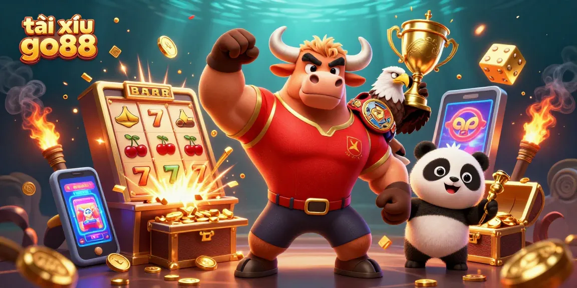 Taking a winning plunge with tài xỉu go88, the bull mascot and eagle celebrate in a dazzling casino scene.
