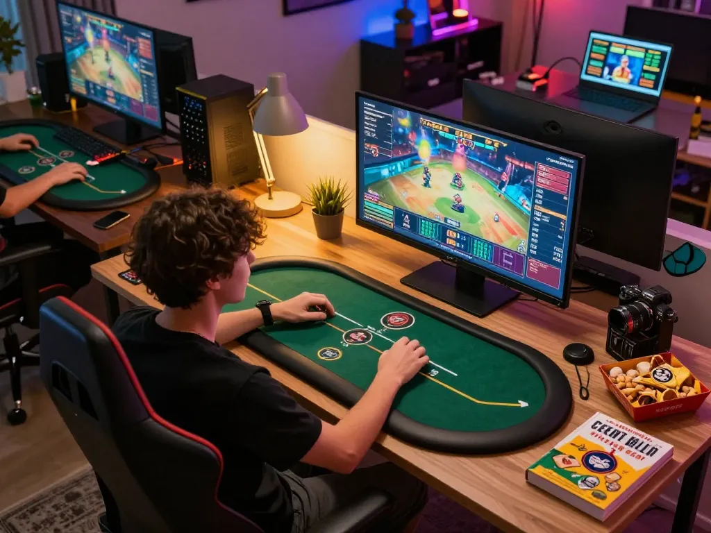 Players engaging in online poker at home with spacucina gaming setup and warm ambiance
