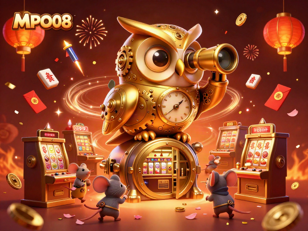 Experience the excitement of MPO08 with a vibrant casino scene showcasing 3D characters and game elements.