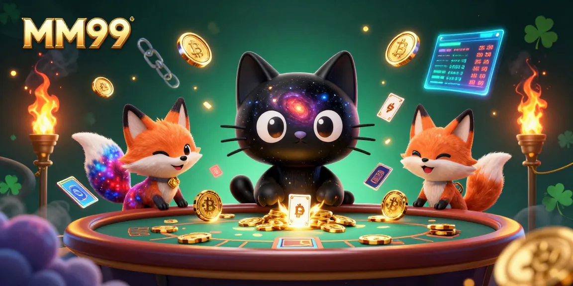 Engage with MM99's cosmic casino charm, featuring the black hole cat and nebula fox in an action-packed scene.