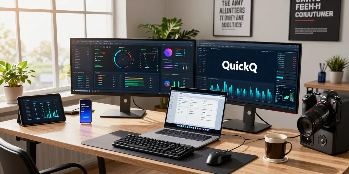使用QuickQ软件的现代办公场景，展示高效的网络连接和技术支持。