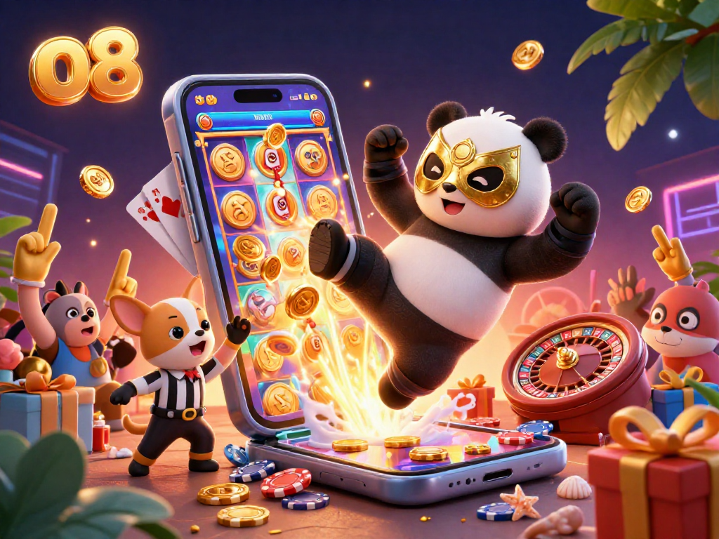 Engage with the vibrant gambling scene at o8 featuring a panda and chihuahua amidst rich casino elements.