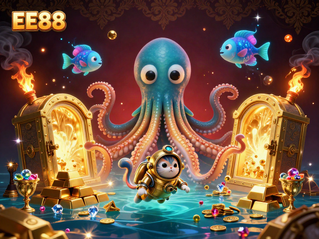 Experience the adventure of EE88 with a stunning treasure-themed gambling illustration featuring a kraken and diving cat.