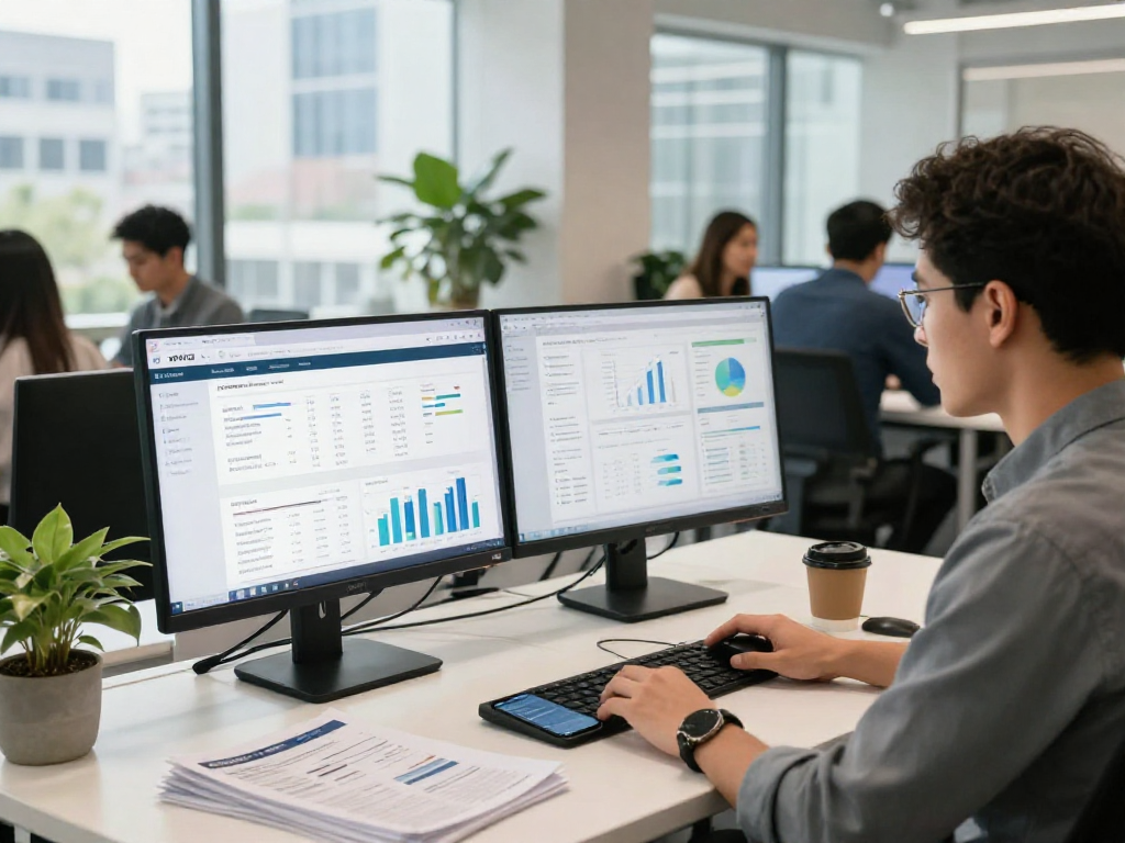XPAY33 platform analytics displayed in a modern coworking space.