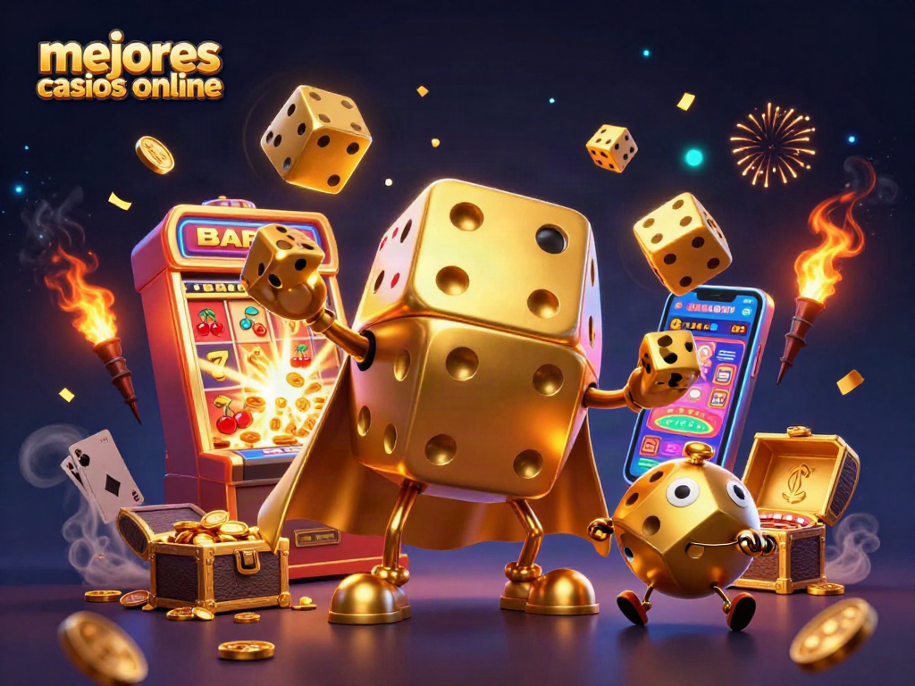 Juega en los mejores casinos online con una explosión de colores, dados dorados y máquinas tragamonedas.