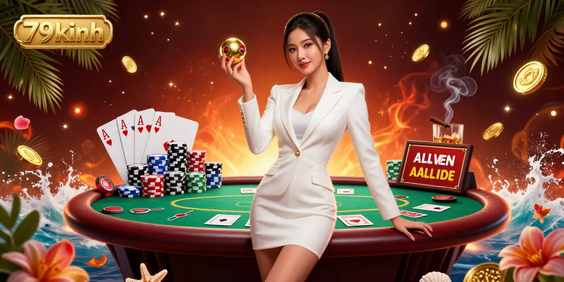 Engage in thrilling gaming at 79kinh's extravagant casino illustrated with vibrant elements of poker and roulette.