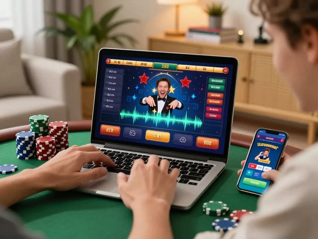 Excited player engaging with badak178 online casino game from a cozy home setup featuring laptop and poker chips.