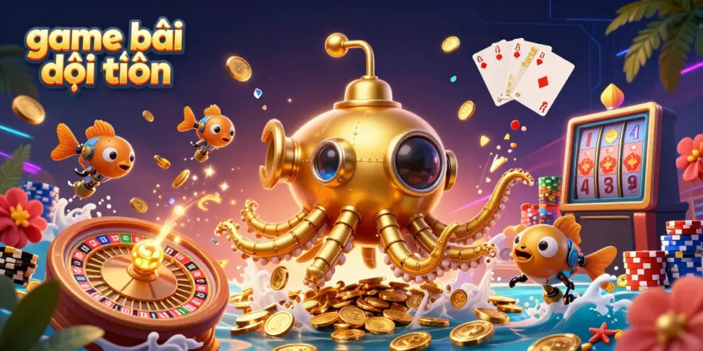 Experience the excitement of game bài đổi thưởng as a golden kraken submarine emerges from golden coins in this vibrant scene.