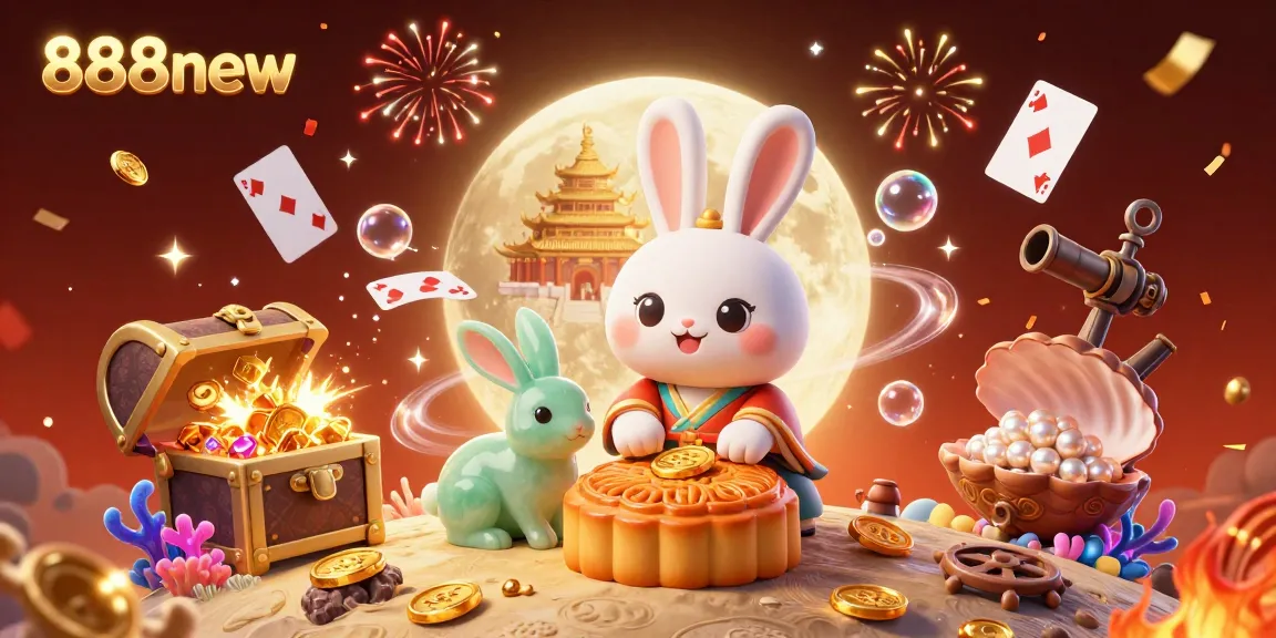 Engage in the thrilling world of 888new with a vibrant 3D moon rabbit illustration featuring poker chips and treasure.