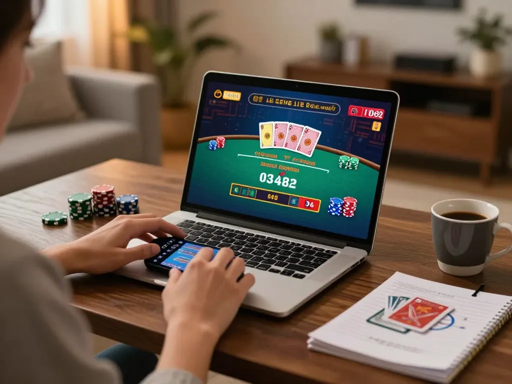 Player enjoying MM88 online blackjack gameplay on a laptop with strategic notes beside them.