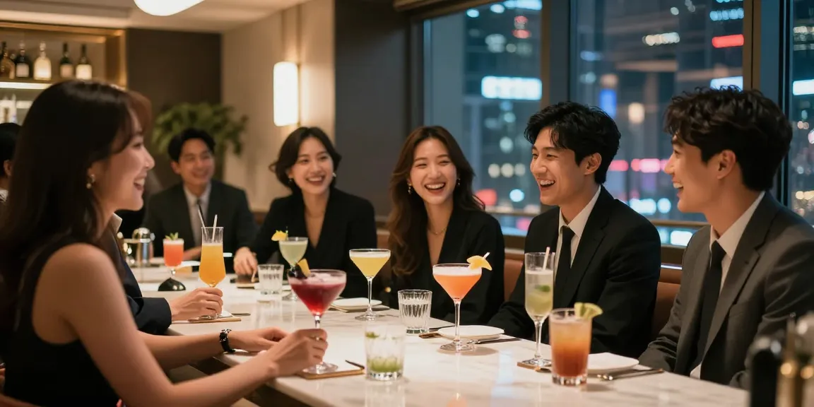 강남 세이렌에서 친구들과 즐거운 시간을 보내는 모습, 고급 칵테일과 현대적인 인테리어가 어우러진 장면