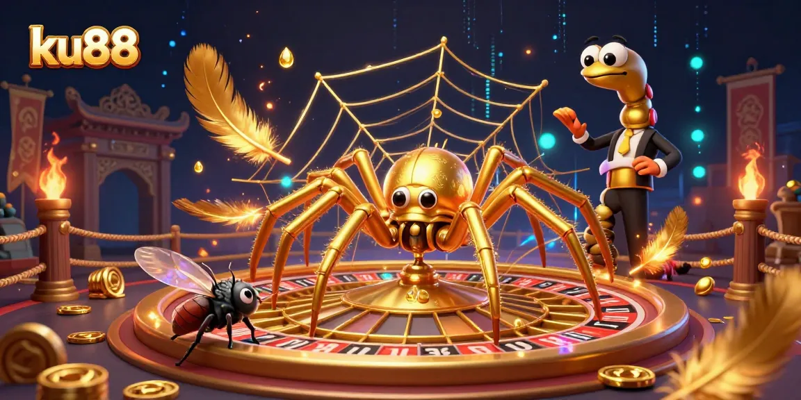 Engage with ku88's vibrant casino scene, dominated by a spider and centipede, spinning roulette thrills.