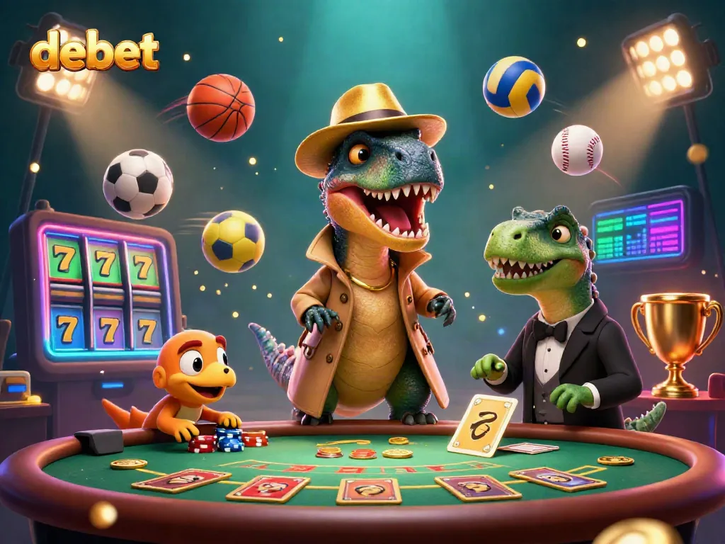 Experience debet with a cartoon velociraptor card counter and vibrant gaming elements at a blackjack table.