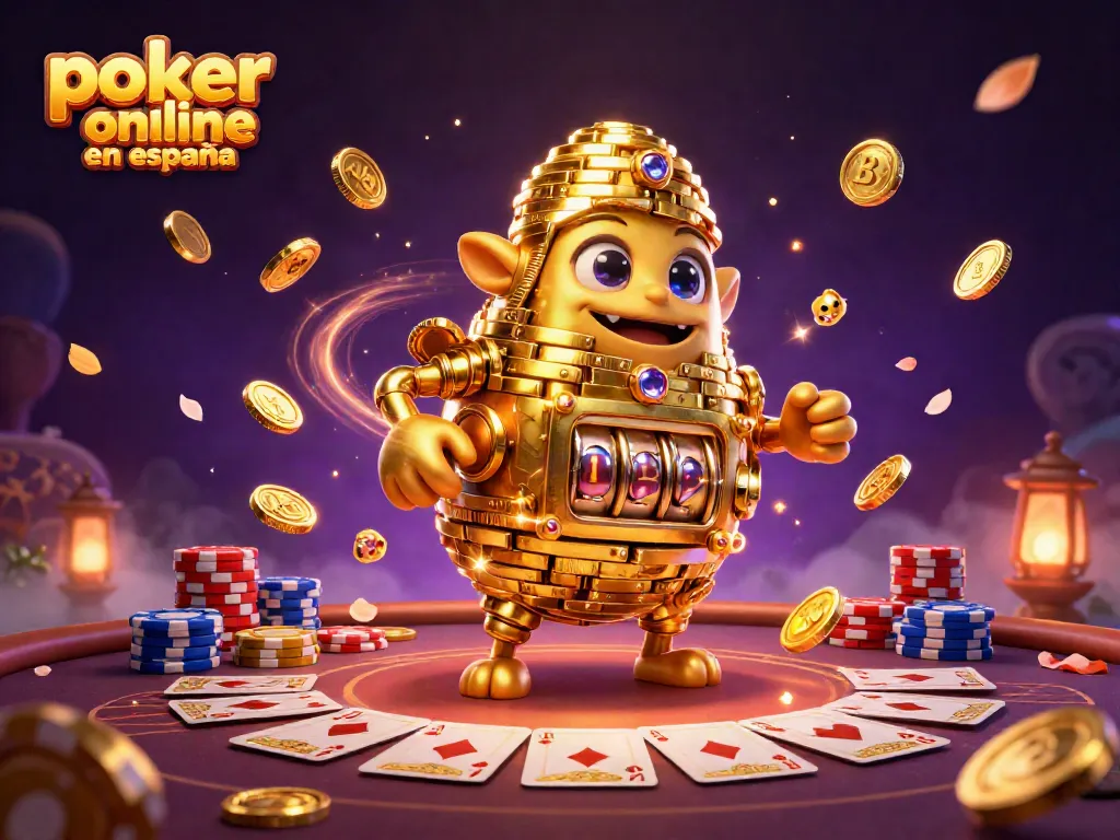 Juega al poker online en España con apuestos animados y fichas brillantes que iluminan la escena.