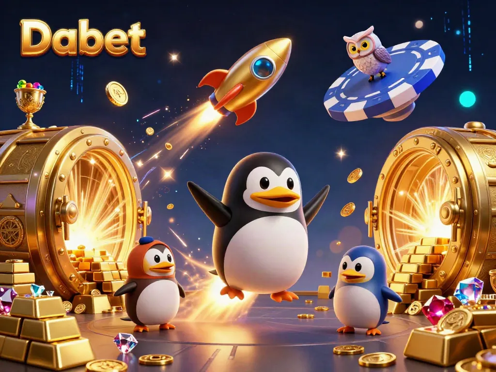 Enjoy thrilling gameplay with Dabet, showcasing a golden penguin and vibrant casino elements in space.