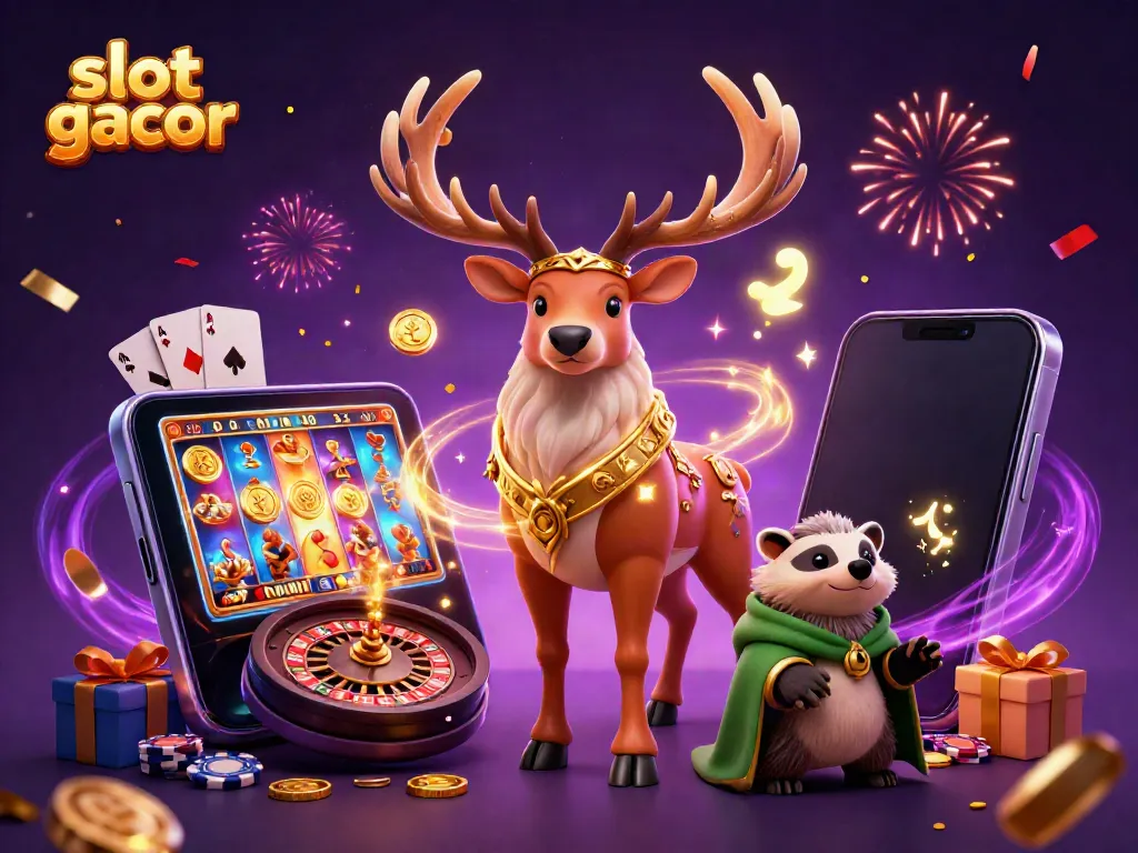 Spin slot gacor reels with a druid stag and badger amidst magical coins and celebrations.
