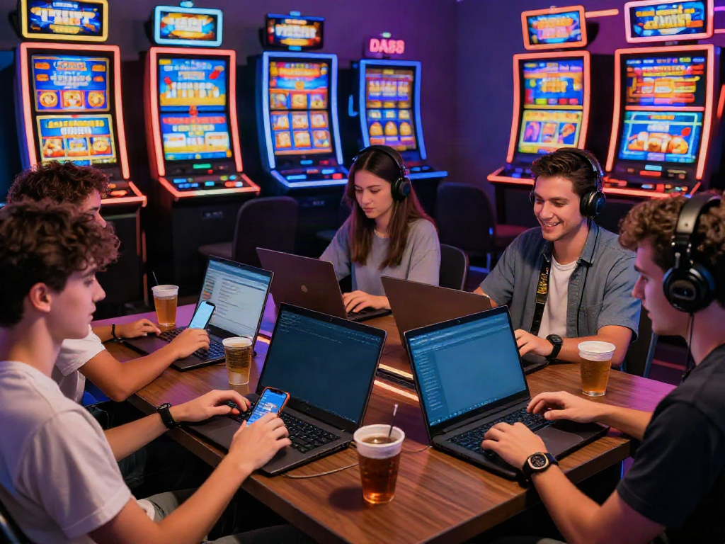 Excited friends enjoying online games at DA88 with vibrant graphics.